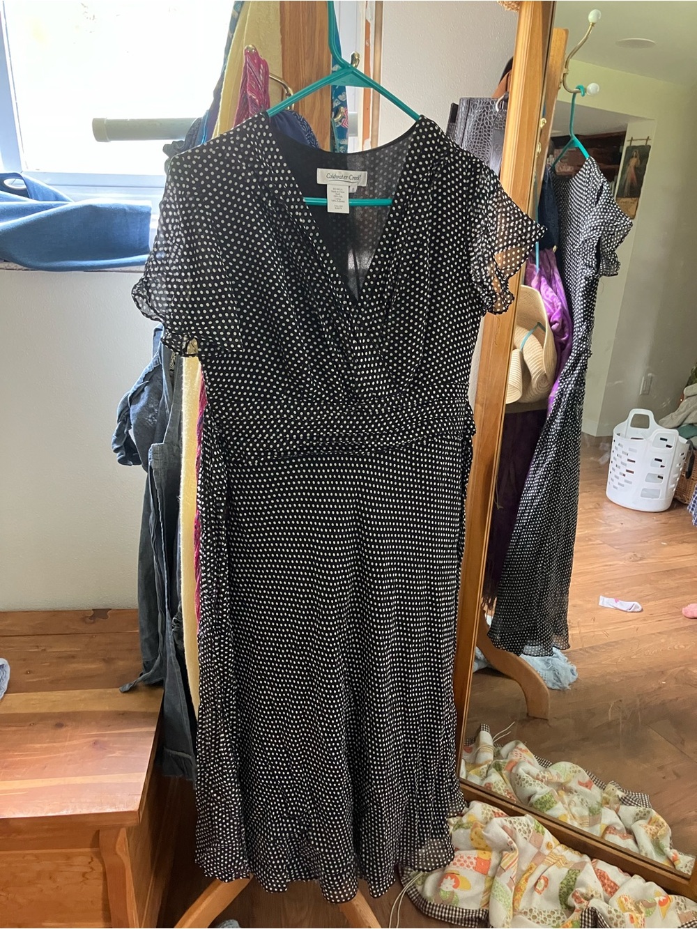 Coldwater Creek Silk Black and White Polka Dot Midi Dress